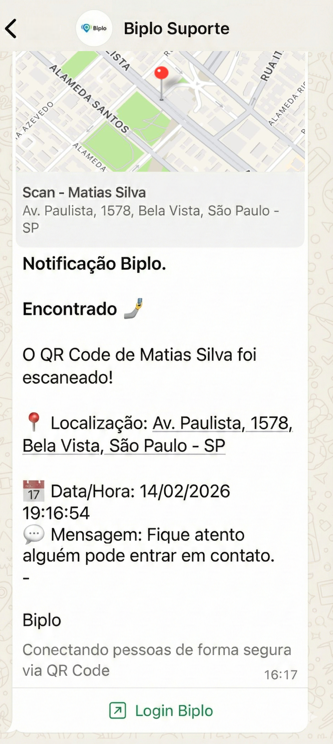 Exemplo de mensagem no WhatsApp: Biplei, pessoa escaneada, horário da leitura e localização (Av. Paulista, 900, Bela Vista, São Paulo - SP)